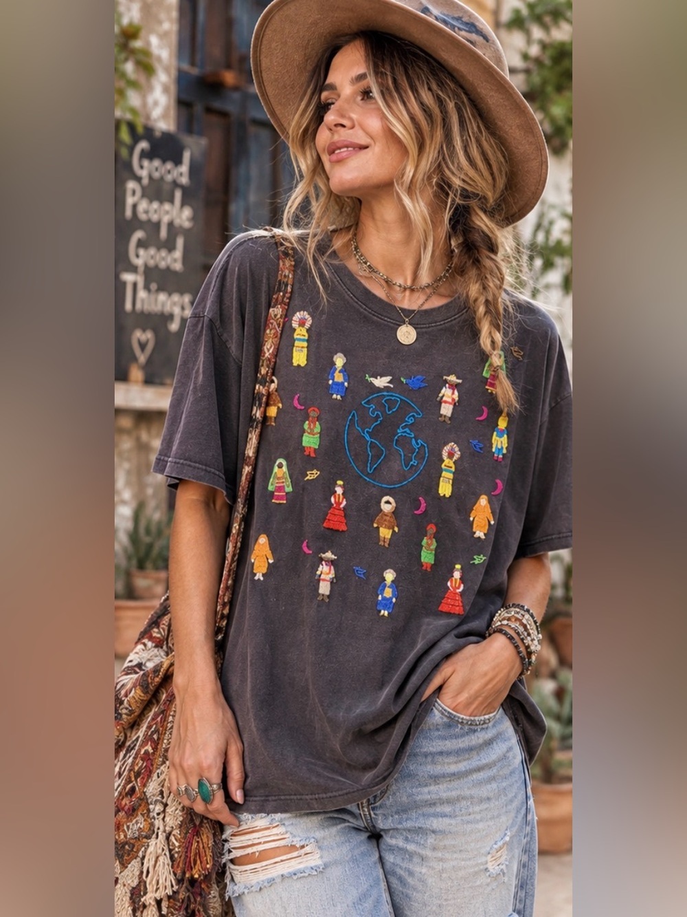 CIT’ALA Hand Embroidered Mexican Folk Art T Shirt Boho Wearable Art